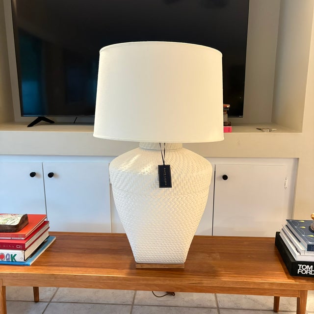Wood Large Neutral Ralph Lauren Woven Ceramic Table Lamp With Linen Drum Shade For Sale - Image 7 of 16
