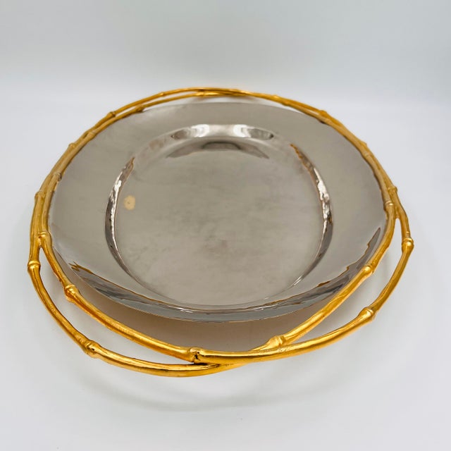 Silver l'Objet Contemporary 24 Karat Gold & Nickel Plated Faux Bamboo Handled 24" Oval Platter Butler's Tray For Sale - Image 8 of 17
