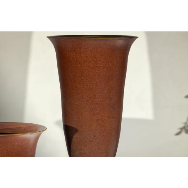 Brown Artisan Ceramic Vases with Warm Brown Glaze and Subtle Red Undertones - A Pair For Sale - Image 8 of 18