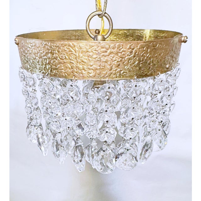 Hollywood Regency Vintage Brass Embossed Crystal Chandelier With Cascading Swedish Cut Prisms For Sale - Image 3 of 8