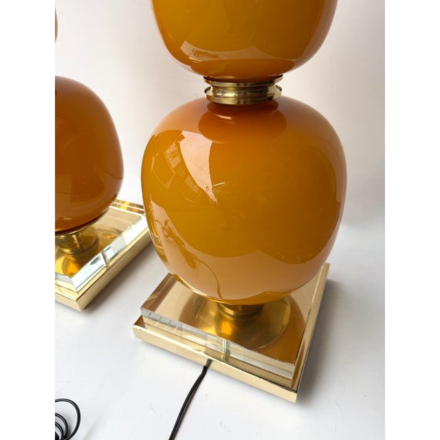 Contemporary Pair of Brass and Orange Murano Glass Bulbs Lamps, Italy For Sale - Image 13 of 13