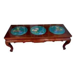 Early 20th Century Chinese Carved Hardwood Coffee Table With Cloisonné Inlay
