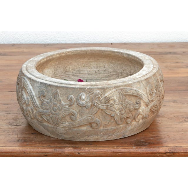 Deep Relief Floral Stone Round Bowl For Sale - Image 4 of 6
