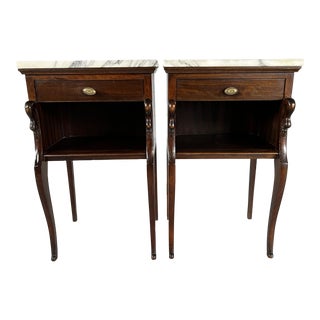 Elegant Pair of Vintage French Empire Style Side Cabinets or Nightstands With White Marble Tops For Sale