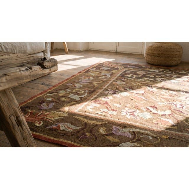 Early 19th Century 1830s Brown Floral Antique French Aubusson Rug 5'3"x 5'4" Louis Philippe - Period Flatweave Wool Carpet For Sale - Image 5 of 7