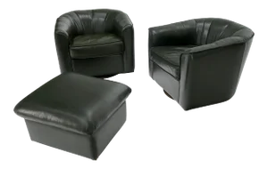 Swivel Dark Olive Green Leather Upholstery Lounge Chairs with Ottoman - 3 Pieces