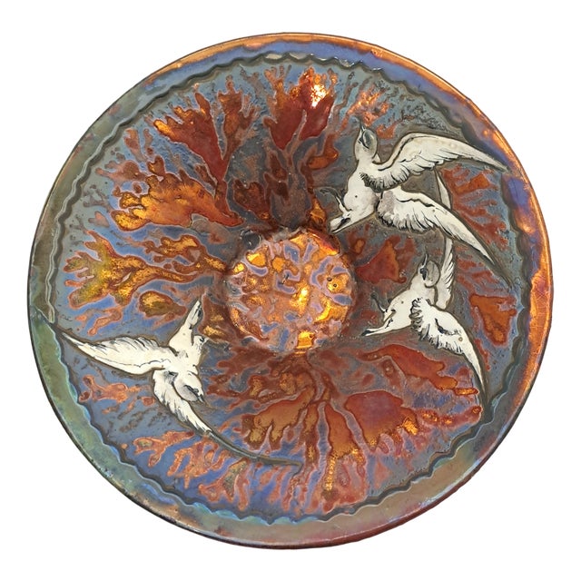 Large Art Nouveau Lustreglazed Bowl with Iridescent Enameled Seagulls and Corals in Deep Burgundy Colour by Jean Barol, France, 1920s For Sale
