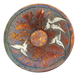 Large Art Nouveau Lustreglazed Bowl with Iridescent Enameled Seagulls and Corals in Deep Burgundy Colour by Jean Barol, France, 1920s