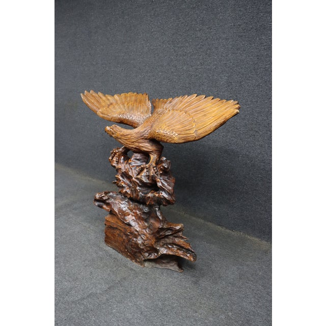 Mid 20th Century Large Mid-Century Modern Hand Carved Walnut Eagle Sculpture on Burl Wood Base For Sale - Image 5 of 12