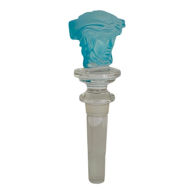 1990s Versace for Rosenthal Medusa Lumière Aquamarine Crystal Bottle Stopper For Sale