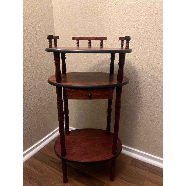 Brown Vintage Solid Wood 3-Tier Round Accent Table W/ Drawer – Early American Colonial Style For Sale - Image 8 of 9