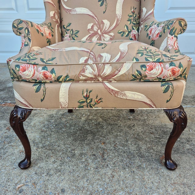Late 20th Century Late 20th Century Hickory Chair Cocoa Brown Rose and Ribbon Pattern Wing Back Arm Chair For Sale - Image 5 of 13