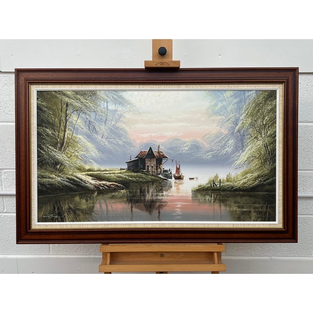 River Landscape with Water Mill in England with Lush Trees by British Artist 1976 For Sale - Image 10 of 16