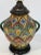 C.1930's Italian Sgraffito Pottery table lamp; newly rewired. Feathered peacock pattern to all sides of vessel. Two way...