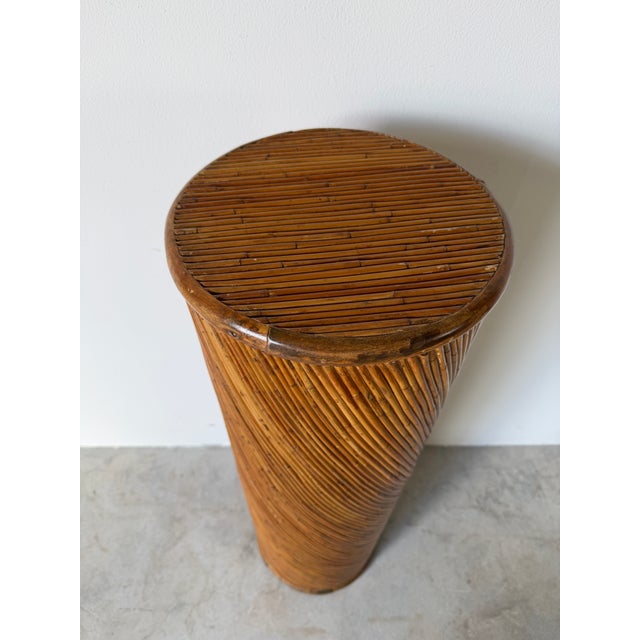 Mid-Century Modern 1970s Vintage Boho Chic Pencil Reed & Wood Cylindrical Pedestal Plant Stand For Sale - Image 3 of 12