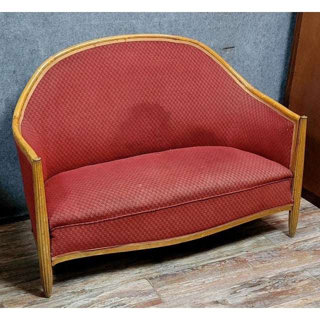 Art Deco bench after Paul Pollot (1877-1942) Light wood frame Upholstery needs cleaning Dimensions: h95 x 127 x 88 cm