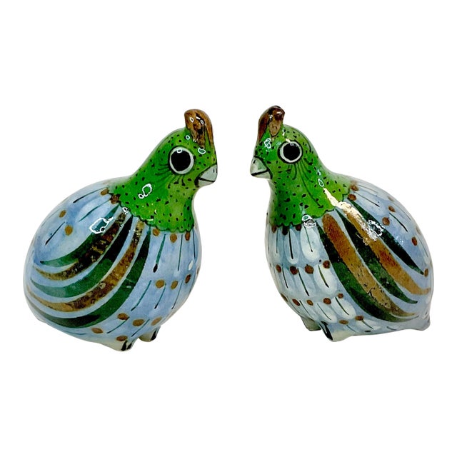Cinco De Mayo - 1950s Boho Chic Folk Art Mexican Tonala Hand Painted Pottery Partridges, Artist Signed - A Pair. For Sale