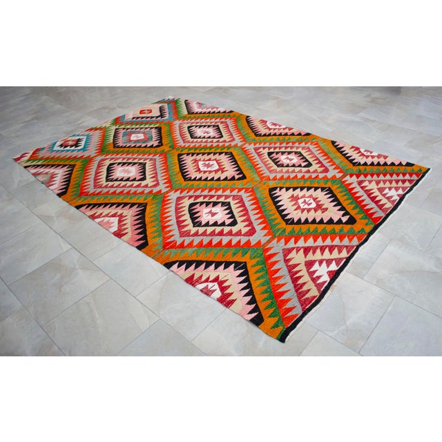Pink Vintage Turkish Rug Kilim, Handwoven Primitive Tribal Statement, Bohemian Area Rug - 6′4″ X 9′4″ For Sale - Image 8 of 15