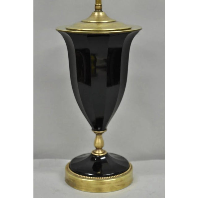 Antique French Neoclassical Black Faceted Opalene Glass Urn Brass Mounted Table Lamp. Circa Early 20th Century....