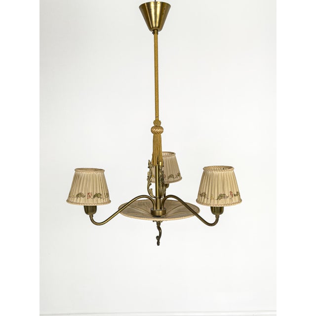 Swedish Brass Chandelier with Original Pleated Silk Shades, 1950 For Sale - Image 9 of 9