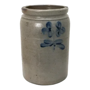 Antique Mid 1800s American 1 1/2 Gallon Stoneware Storage Jar - Crock With 2 Hand Decorated Blue Flowers