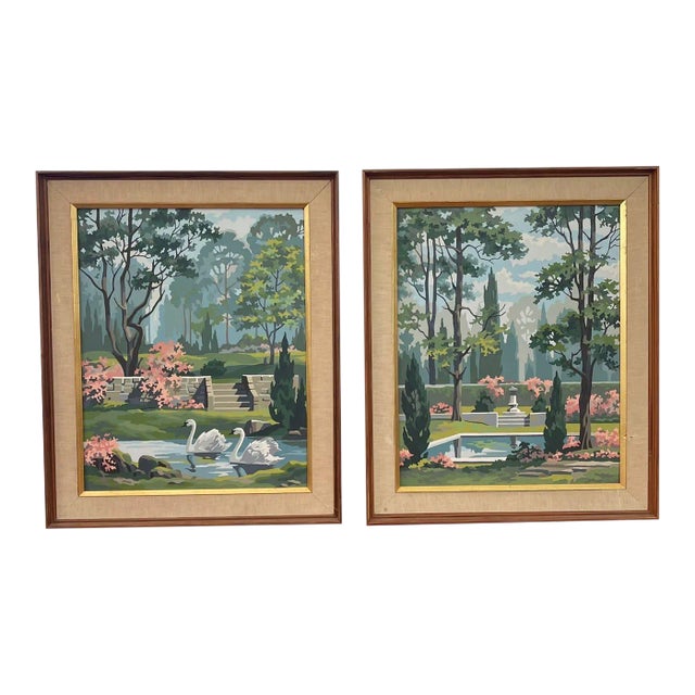 Pair of Vintage Framed and Signed Original Painting of Gardenscapes For Sale