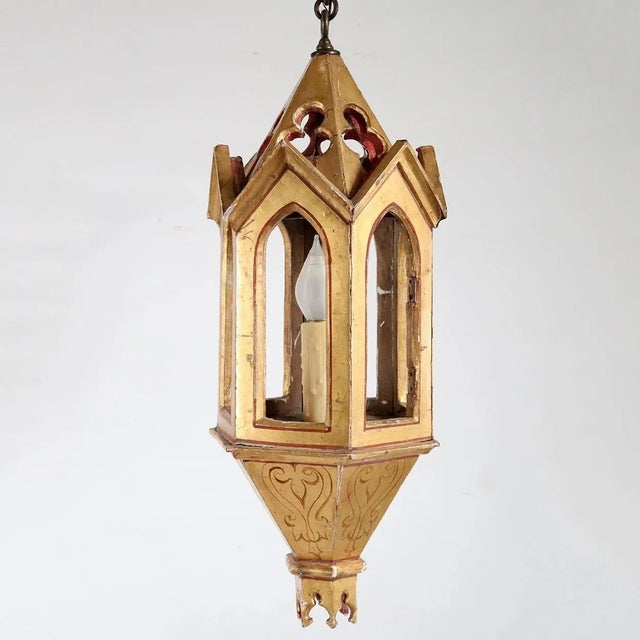 Early 20th Century Italian Venetian Gilt & Painted Pine Hanging 1-Light Pendant Lantern For Sale - Image 4 of 11