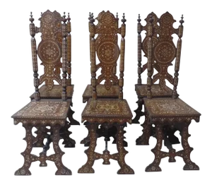Syrian Damascus Ottoman Inlaid Late 19th Century Chairs 2 Arm Chairs 6 Side Chairs - Set of 8