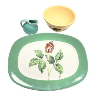1940s Mid-Century Modern Ceramic Platter Pitcher Bowl - Set of 3 For Sale