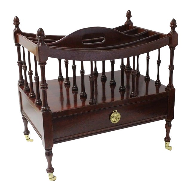 Mid 20c English Regency Style Canterbury Magazine Stand in Mahogany and Polished Brass For Sale