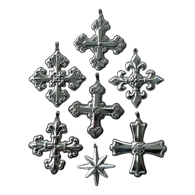 Set of 7 Reed & Barton Sterling Silver Christmas Ornaments – Cross & Star Series (1970s–2000s) For Sale