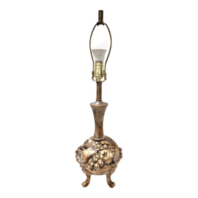 Vintage Gold Cast Metal Fruit Basket Table Lamp, Hollywood Regency For Sale