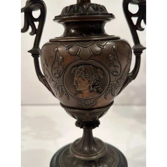 1900 - 1909 Neoclassical Style Bronze & Marble Candleabra -A Pair For Sale - Image 5 of 12