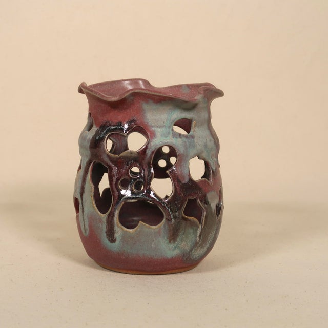 Ceramic Vintage Sculptural Studio Pottery Pierced Ceramic Vessel Candle Holder With Organic Drip Glaze For Sale - Image 7 of 18