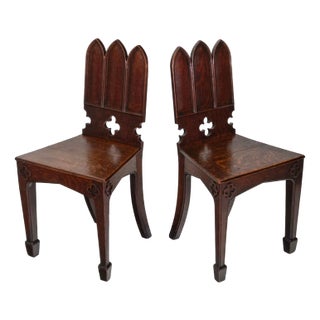 English Regency Gothic Revival Oak Hall Chairs, 1830s, Set of 2 For Sale