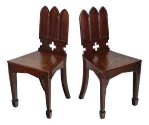 English Regency Gothic Revival Oak Hall Chairs, 1830s, Set of 2