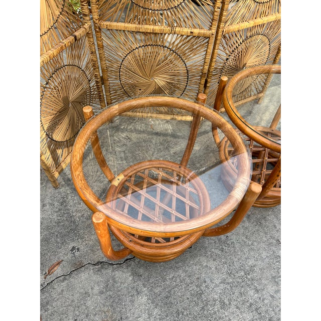 Wood Pair of Albini Style Glass Top Bamboo Side Tables For Sale - Image 7 of 7