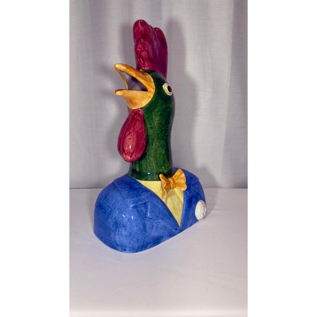 Late 20th Century Hand-Painted Italian Majolica Anthropomorphic Rooster and Hen Busts by Turtle and Crane - Palm Beach Regency Whimsy For Sale - Image 11 of 12