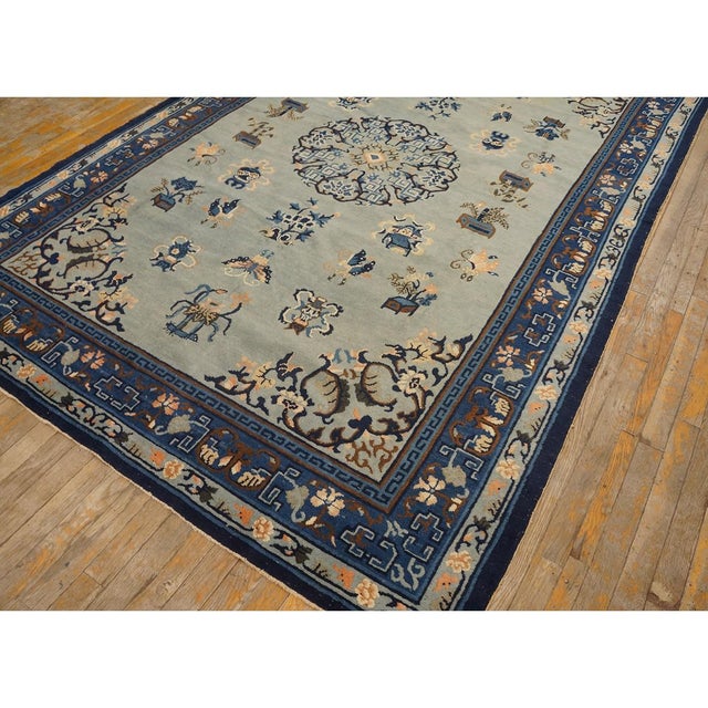 Chinese 1890s Antique Sky Blue Medallion Greek Key Knotted Wool Rectangle Room Size Rug For Sale - Image 3 of 8