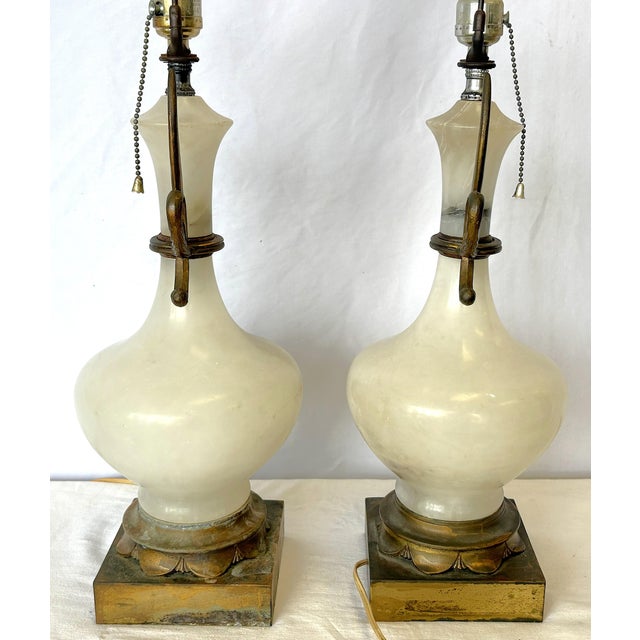Antique Art Deco/ Hollywood Regency Style Alabaster Table Lamps With Bronze Figureheads- A Pair For Sale - Image 9 of 18
