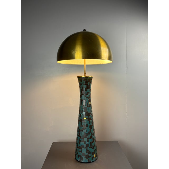Mid-Century Modern Mosaic and Brass Table Lamp with Gold Mushroom Metal Dome Shade, 1960s For Sale - Image 15 of 18