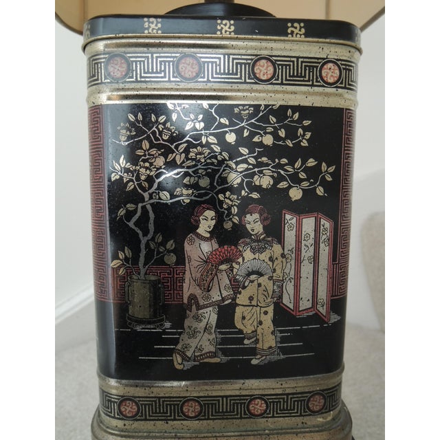 Asian Tea Tin Lamp Neutral Shade Vtg Chinese Tea Caddy Lamp Gold + Red on Black. This is a vintage (not a reproduction or...