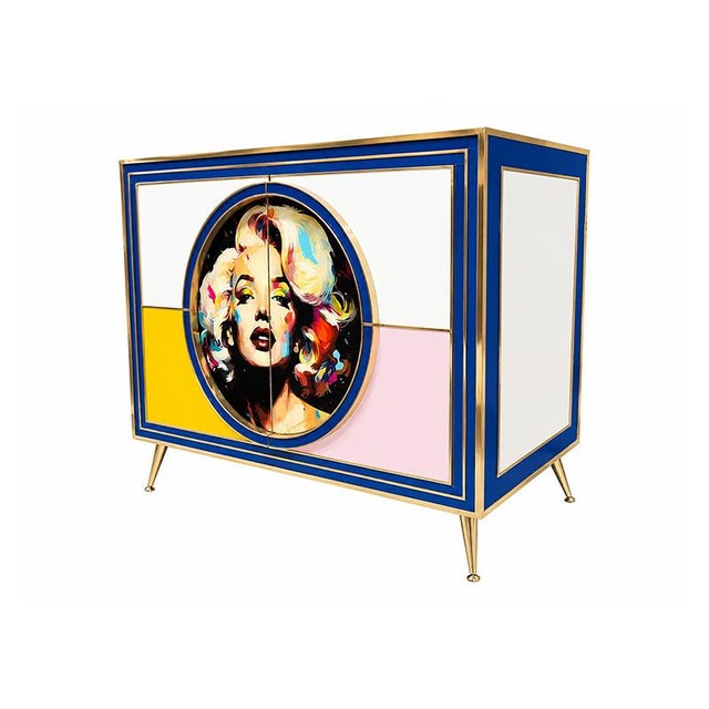 A designer sideboard with a contemporary pop art feel, featuring elegant geometric lines and a sophisticated play of...