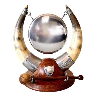 1920s English Horn and Silverplate Dinner or Table Gong With Original Striker For Sale