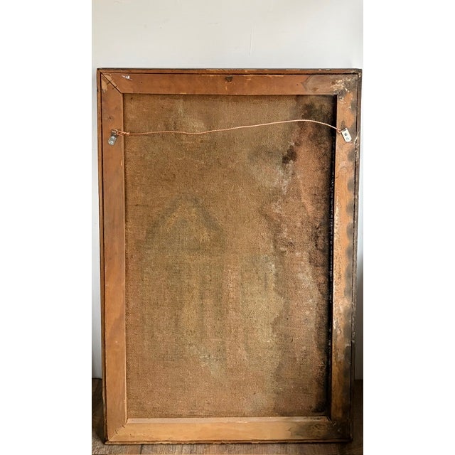 Beige Original Mid Century Salvatore Emblema Painting on Jute - Two Figures and a Building, Signed For Sale - Image 8 of 8