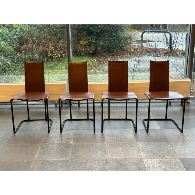 Vintage Cantilever Dining Chairs in Saddle Leather by Thema, Italy, 1970s, Set of 4 For Sale - Image 4 of 13