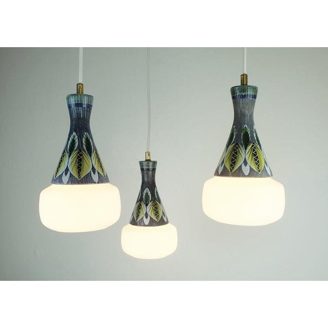 Goldenrod Modern Danish Pendant Light in Teak, Opaline Glass & Ceramic, 1960s For Sale - Image 8 of 11