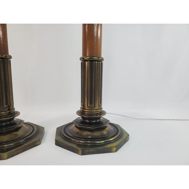 Brass Vintage Stiffel Torchiere Table Lamps Brass Wood - Rare Neoclassical Design - a Pair For Sale - Image 8 of 13