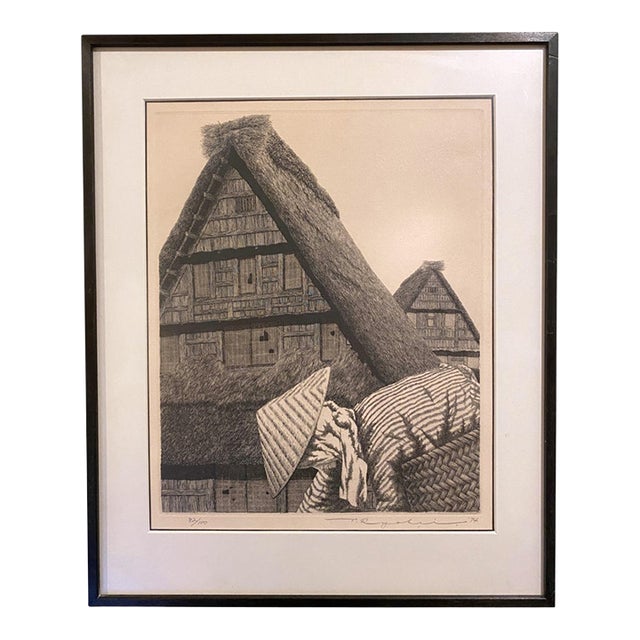 Ryohei Tanaka 1974 Signed Etching Japanese Aquatint Roofs of Hida No 5 Framed For Sale