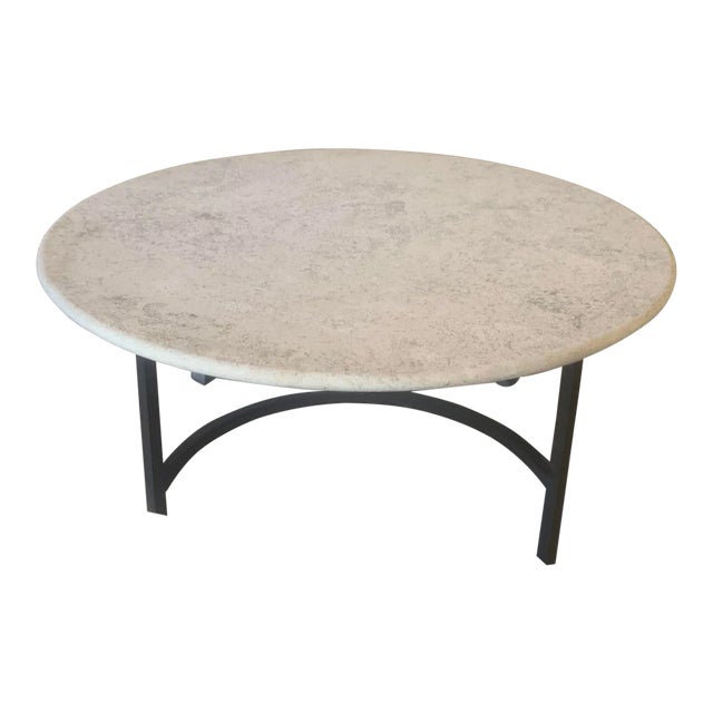 Contemporary Travertine Round Patio Coffee Table For Sale